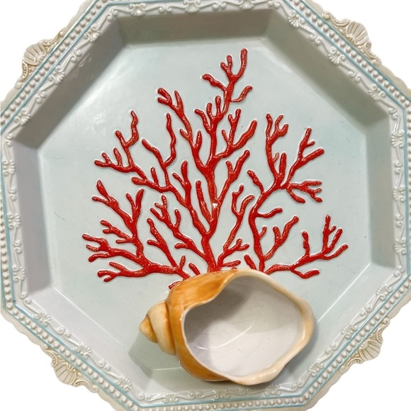 ZRIKE Porcelain by Liza Levy Raised Seashells Coral & Dots BAROQUE Dip Plate 14” - Picture 1 of 7